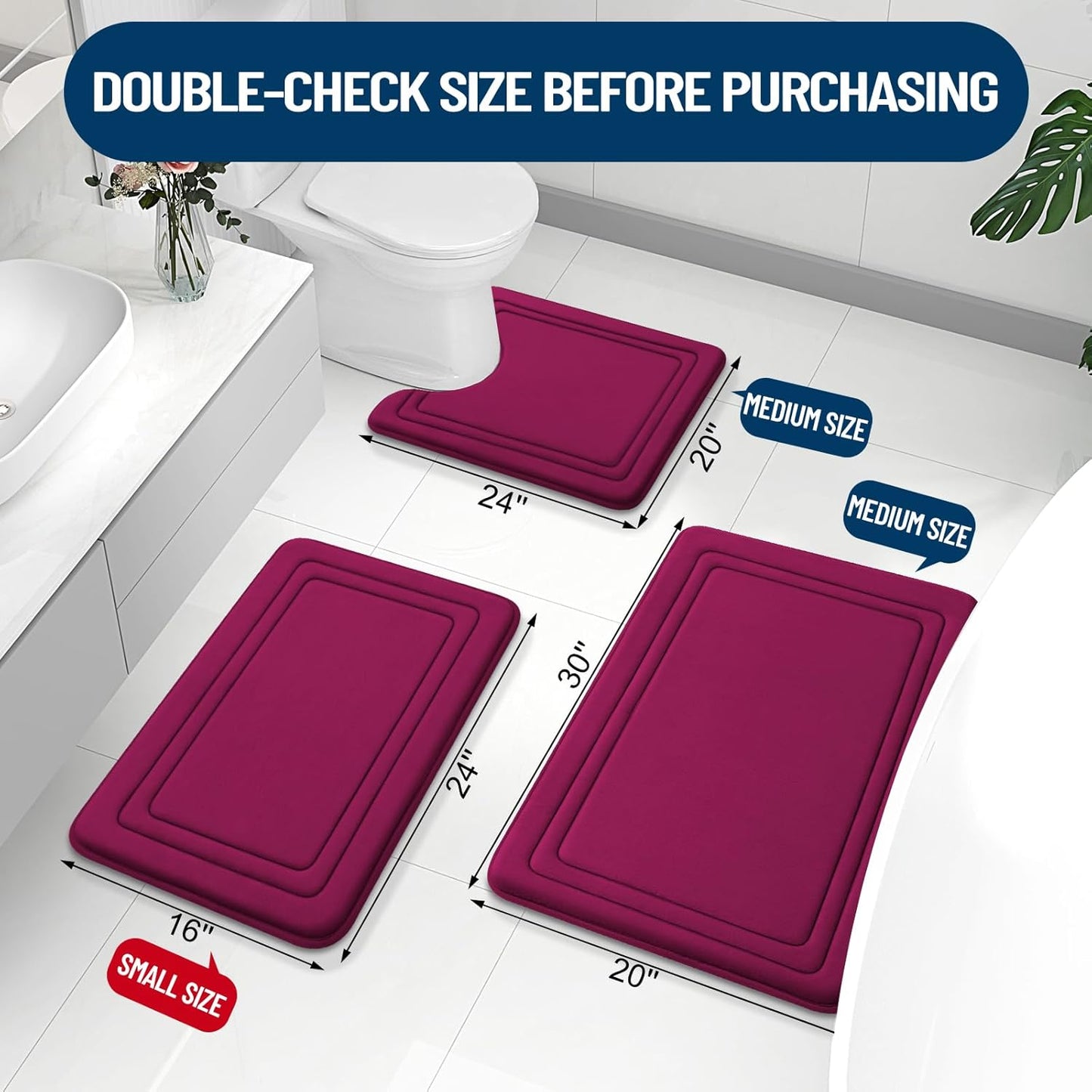 Grandaily Memory Foam Bath Mat Rug 30x20, Ultra Soft, Non-Slip and Absorbent Bathroom Rugs, Machine Wash Dry, Comfortable Bath Carpet for Bathroom Floor, Tub and Shower, Burgundy