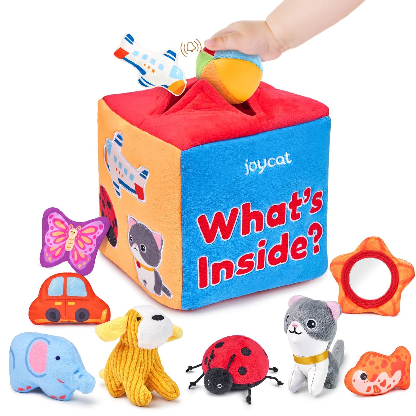 JoyCat Mystery Soft Box+Soft Baby Beehive with 5 Soft Sensory Bees - Honeybee Plush Toy for 0-12 Months - Rattle, Crinkle Paper, Squeaker, Mirror, Busy Toy for Babies 6-12 Months, 0-3 Years Old