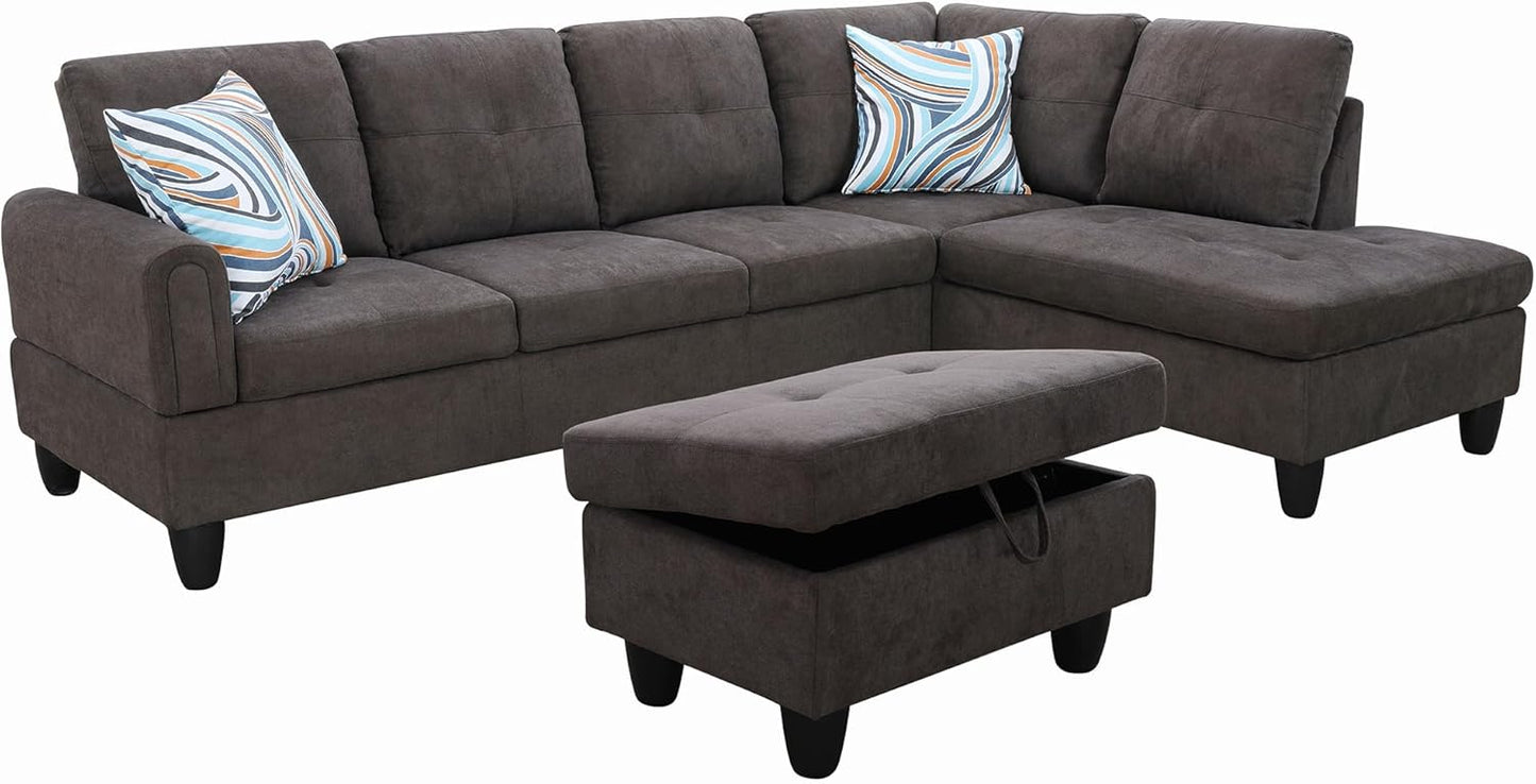 Couches for Living Room Modern L Shaped Couch Comfy Fluffy Fabric 3 Pieces Sectional Sofa with Chaise, Ottoman with Storage for Office and Small Apartment, Dark Brown
