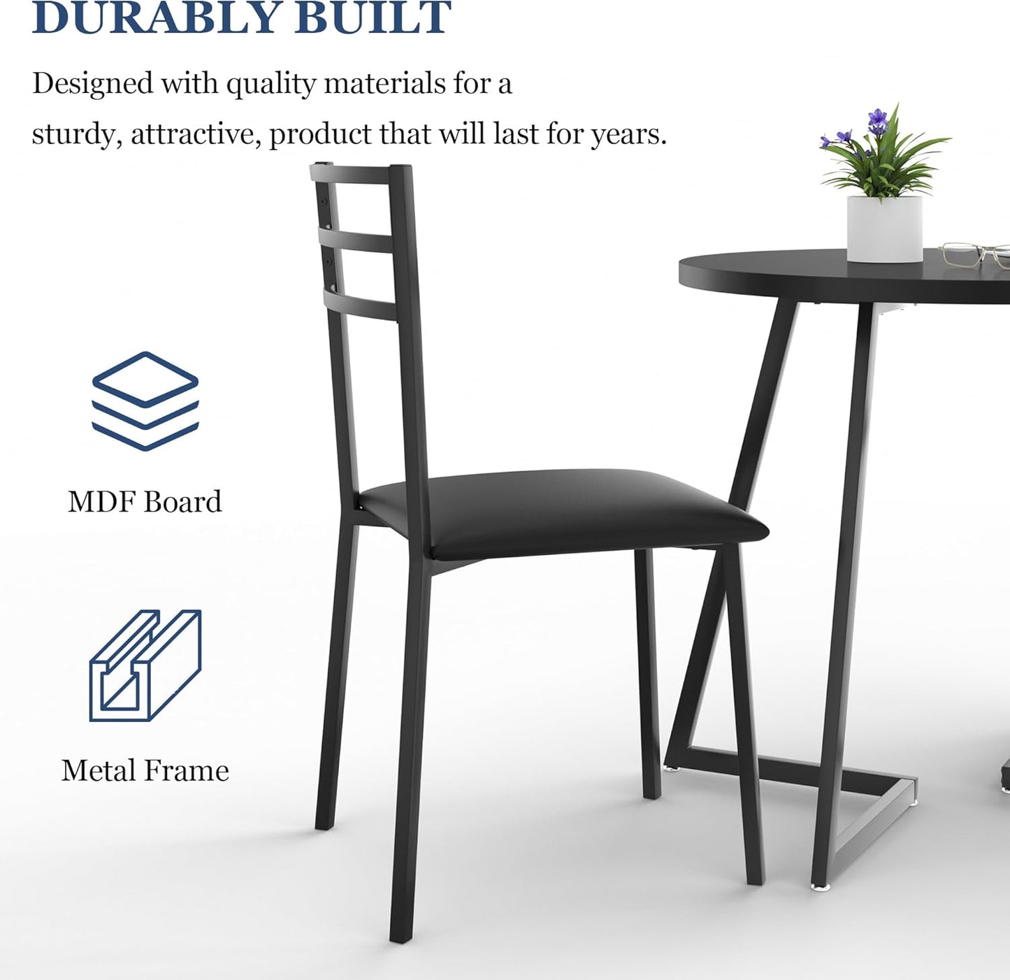 VECELO Small Round Kitchen Table with 2 Upholstered Chairs, 3-Piece Wood Dinette Sets with Steel Frame for Breakfast Nook, Dining Room, and Small Space, Wood-Grain Black