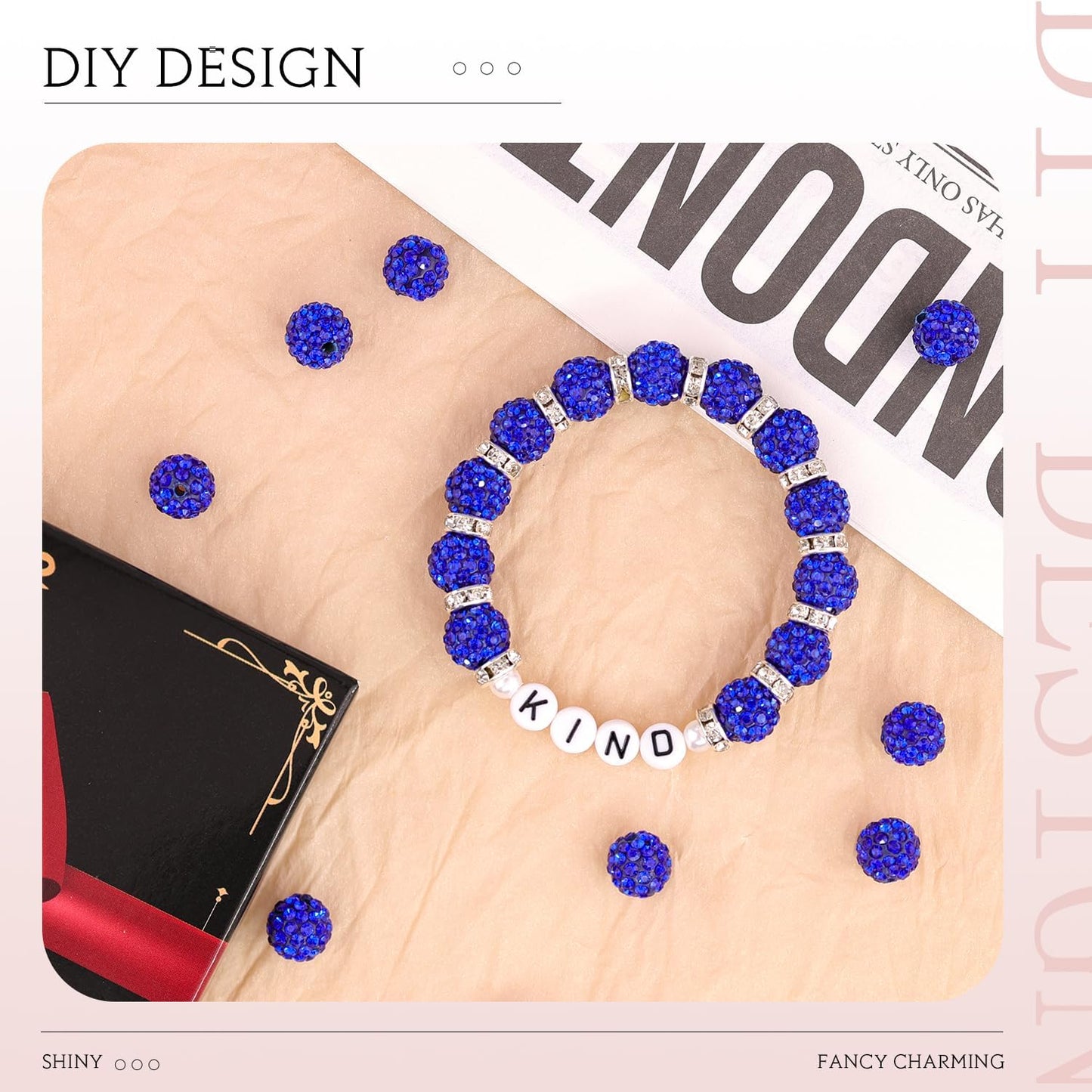 200pcs 10mm Dark Blue Rhinestone Beads for Jewelry Making, Shiny Round Shamballa Disco Ball Beads Bulk, Sparkle Crystal Clay Christmas for Bracelet Baseball Necklace Earring Crafting and DIY