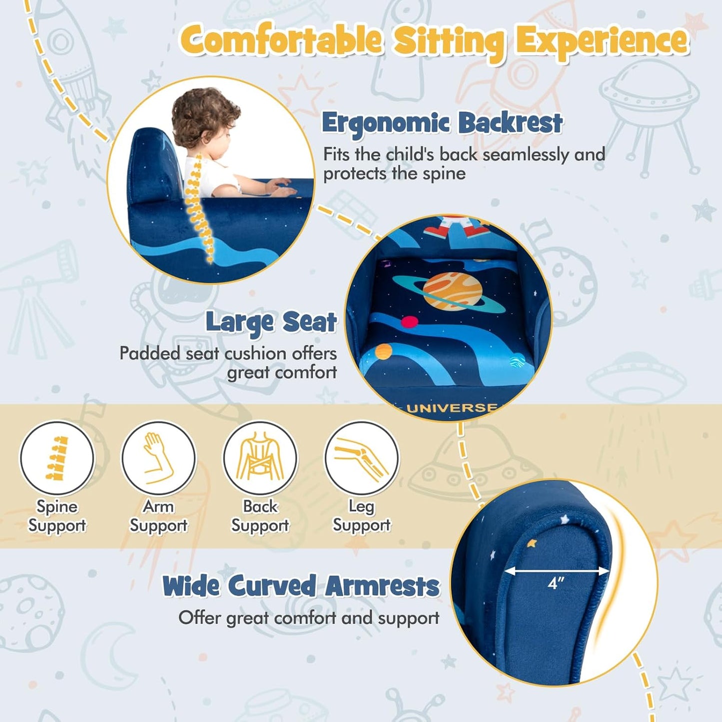 Costzon Kids Couch, Children's Sofa Armrest Chair with Pattern, Toddler Furniture w/Sturdy Wood Construction, Preschool, Lightweight Kids Couch Sofa Chair for Aged 1-5 Boys & Girls Gifts, Astronaut