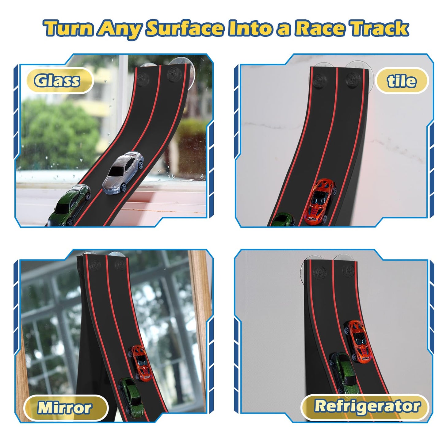 Flexible Race Track for Kids, 15Ft Flexible Car Track Race Car Track Compatible with Hot Wheels and Diecast 1/64th Cars, Flex Tracks Roll Up Race Ramp Toy with Strong Suction Cups