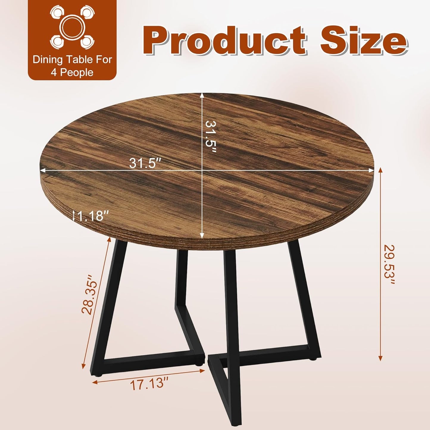 Round Dining Table for 4, 31.5-Inch Farmhouse Dinner Table Wooden Circle Kitchen Tables with Metal Base for Dining Room, Kitchen, Living Room, Brown
