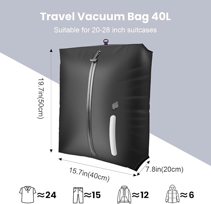 40L Travel Vacuum Bags with Pump – 2Pcs IP67 Waterproof Reusable Vacuum Compression Bags for Travel,Backpack & Suitcases,Home Storage, Vacuum Seal bags for Clothing travel (2PC + PUMP)