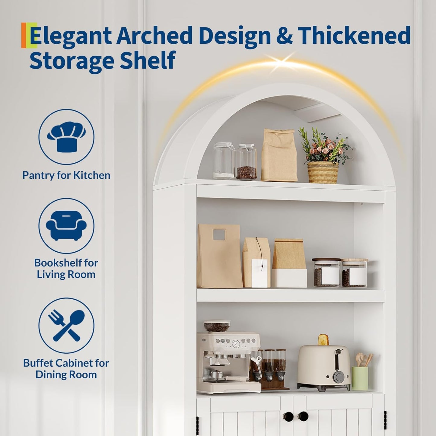 GAOMON 72'' Tall Arched Cabinet, 5 Tier Arched Bookshelf with Double Doors & Adjustable Shelf, Wooden Bookcase with Storage for Living Room, Bedroom, Study, Kitchen, Home Office, White