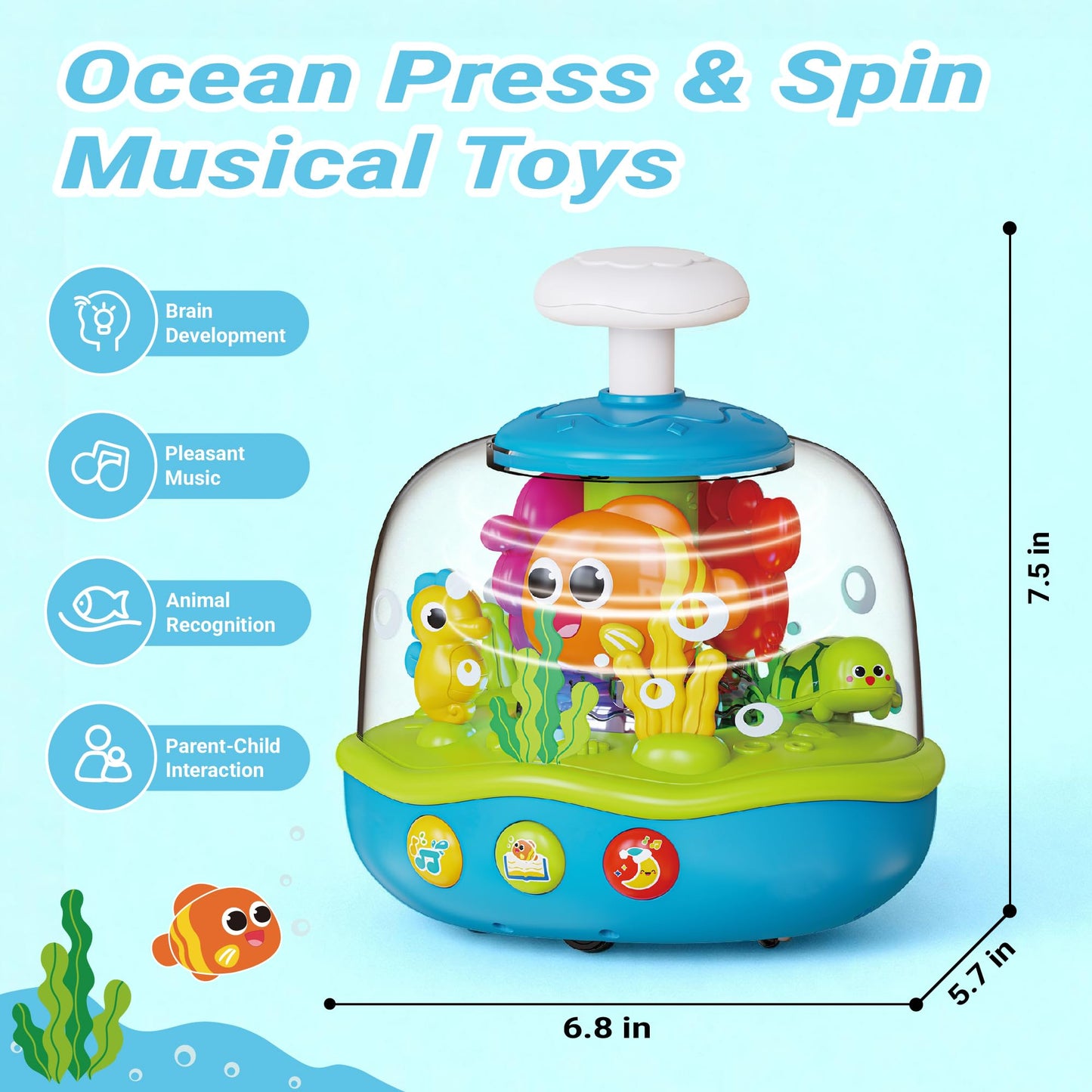 MoraBaby Baby Toys 6-12-18 Months, Press & Spin Ocean Musical Light Up Toy | Bilingual Learning Educational Cause and Effect Toy for 1 Year Old Boy & Girl, Birthday Gifts for 1-3 Year Old