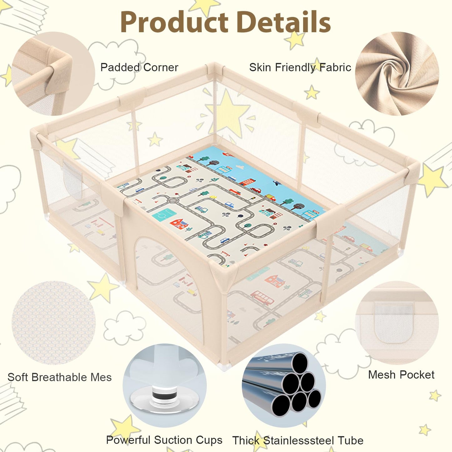 71 x 59 Baby Play Pen with Mat - Indoor & Outdoor Playpen for Babies and Toddlers - Extra Large Play Yards with Soft Foam & Sturdy Bottom Suction Cups - Toddler Baby Play Yard with Gate(Apricot)
