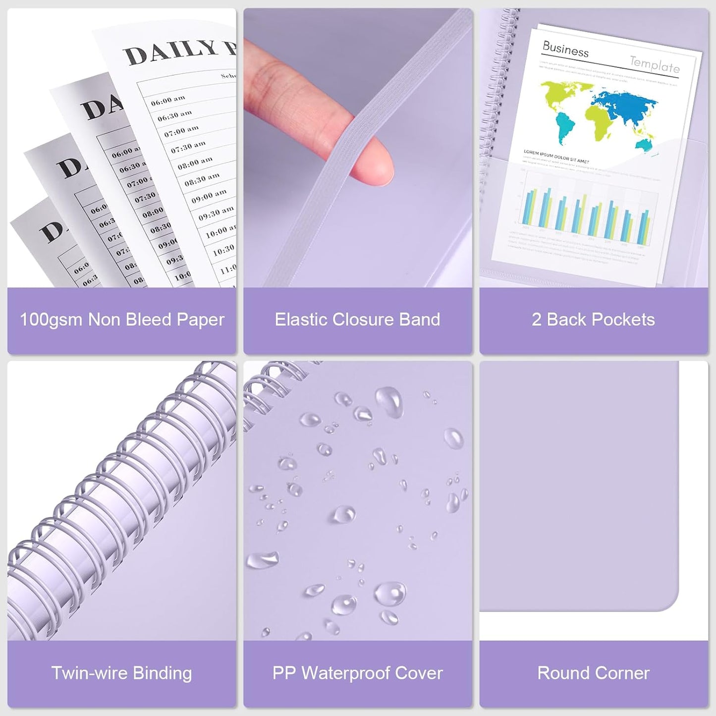 Planner Undated, Asten Daily Planner Agenda with To Do List, Hourly Planners for Women and Men, Spiral Appointment Book Planners Notebook with Elastic Closure, Day Planner for ADHD 8.5" x 11" (Purple)
