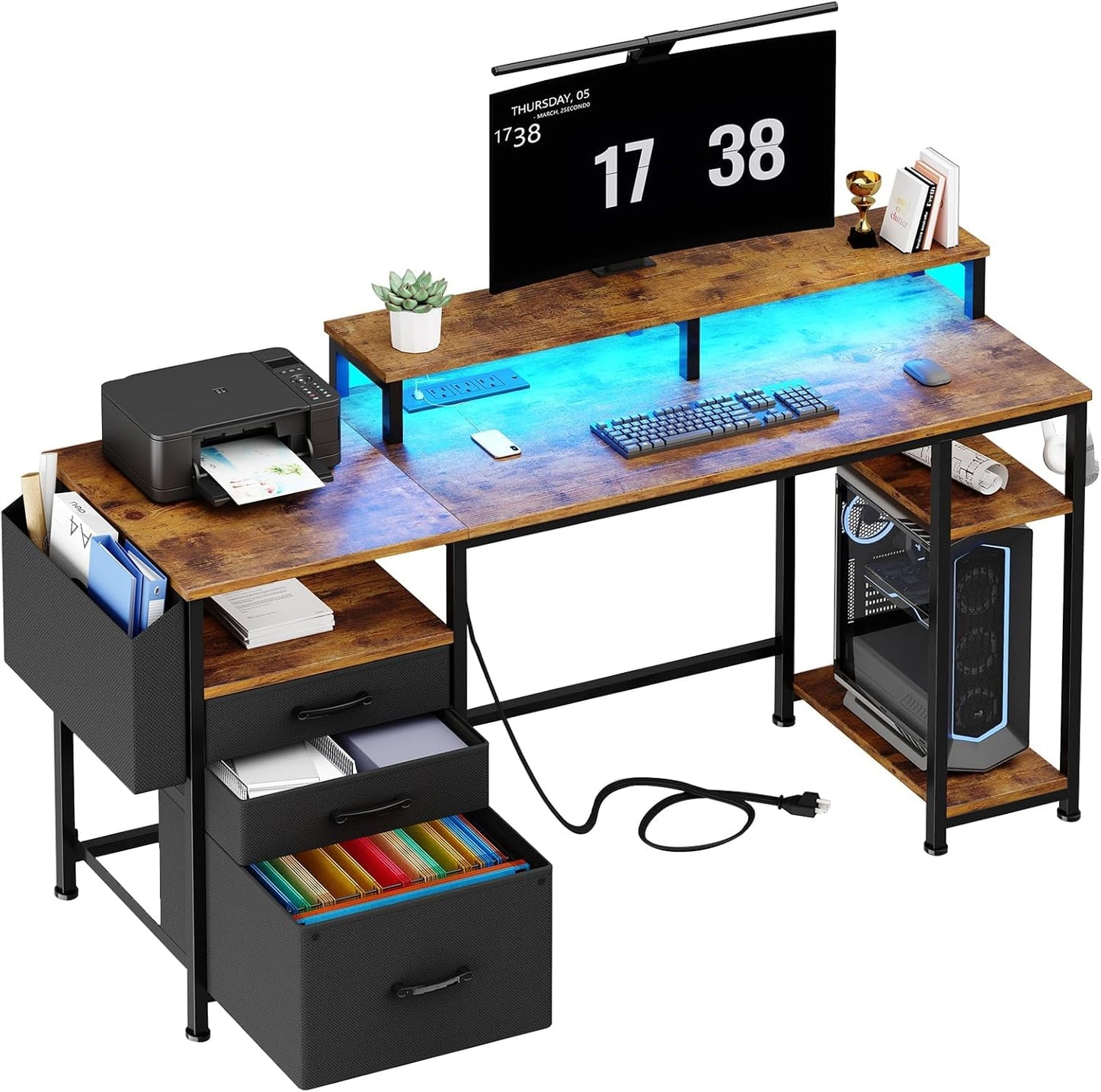 Lufeiya Gaming Desks with Led Lights and Power Outlets, 55 Inch Study Writing Computer Desk with Fabric File Drawers Cabinet for Bedroom, Home Office Desk with Shelves Monitor Stand, Rustic Brown