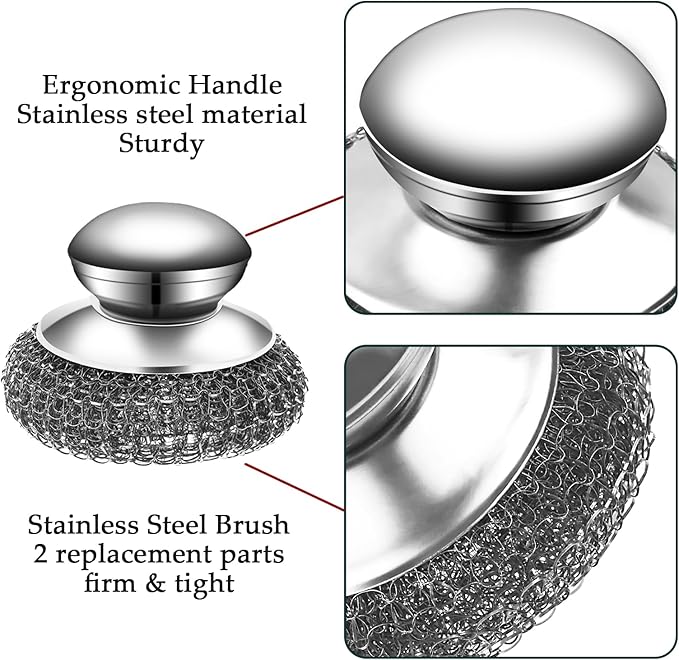 Stainless Steel Wool Scrubber Set, 2 Handles with 4 Replacement Pads, for Pots Pans Grills