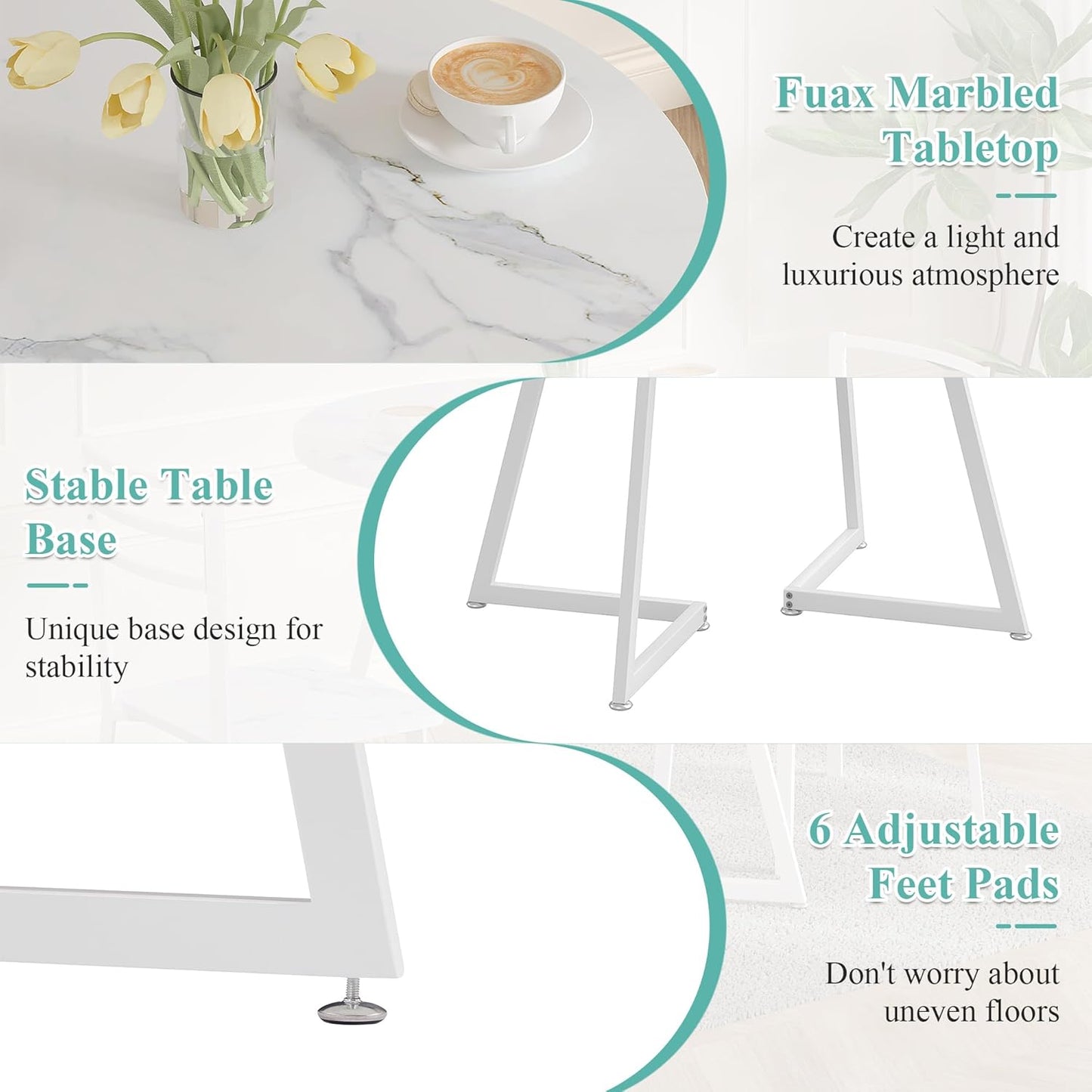 VECELO Small Round Dining Table Set for 2, Wood Tabletop with Strong Metal Frame, Modern Dinette with Chairs for Kitchen, Breakfast Nook Living Room, Faux Marbled & White