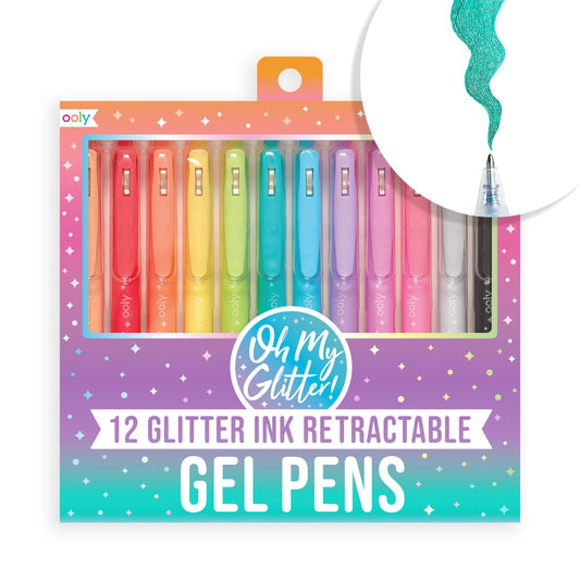 Ooly Oh My Glitter Gel Pens - Set of 12 Cute School and Art Supplies for Girls, Planner Pen with Comfort Grip, Ideal Retractable Glitter Pens for Decorations & Office Use