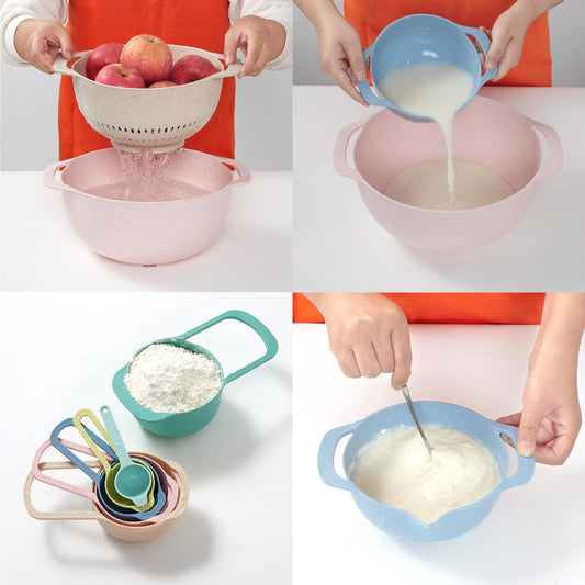 Foni Fox Plastic Mixing Bowls Set 8/10 PCS with Measuring Spoon, Colorful Serving Bowls for Kitchen, Ideal for Baking, Prepping, Nesting Bowls for Space Saving Storage (Wheat)