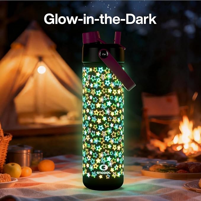 ENCOOL Insulated Water Bottle with Straw Stainless Steel Water Bottle, Leak-Proof, BPA-Free, Double Wall Vacuum Keeps Cold for 24 Hours for Sports, Travel, School (26 oz, Neon Starfall)