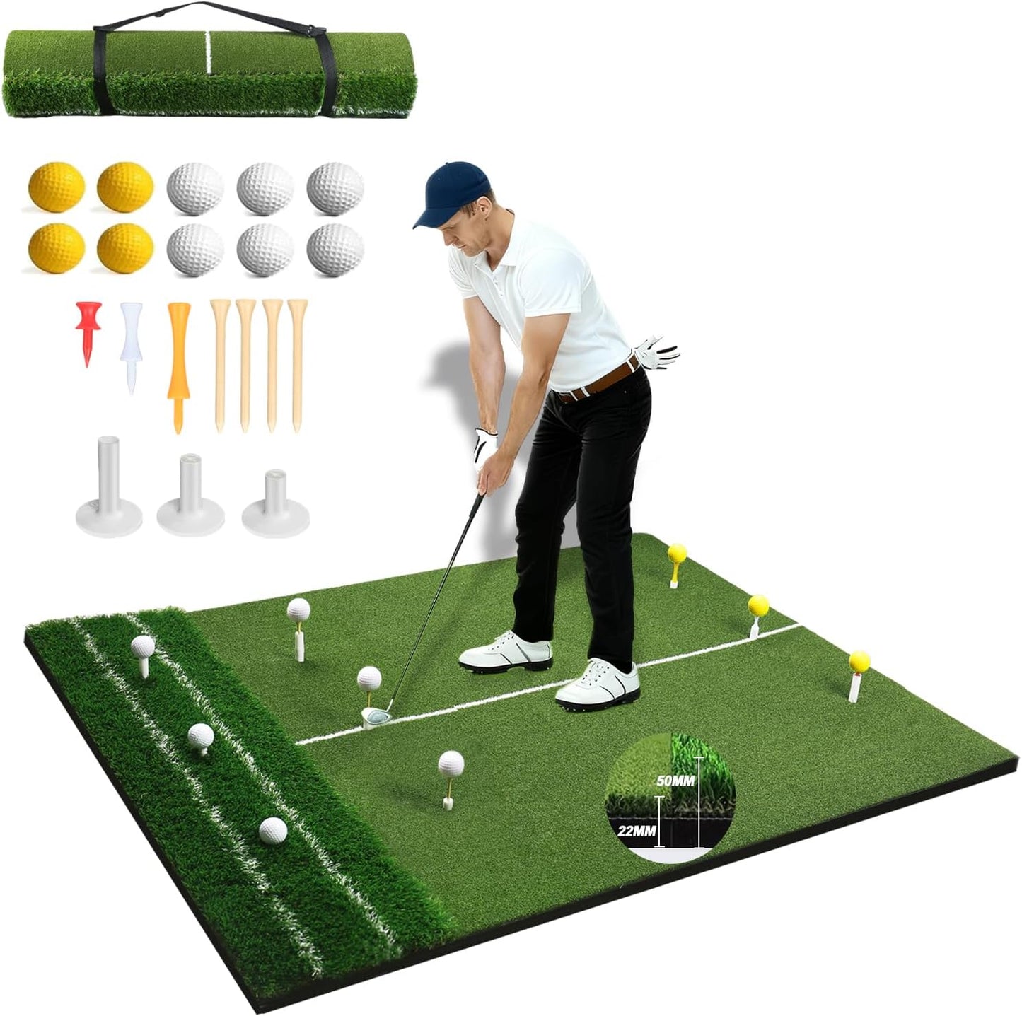 Premium Dual-Turf Golf Hitting Mat - 4x5ft Indoor/Outdoor Practice Mat with Realistic Fairway & Rough Turf, Portable Golf Swing Training Mat with Alignment Guide Real Feel for Driving Range
