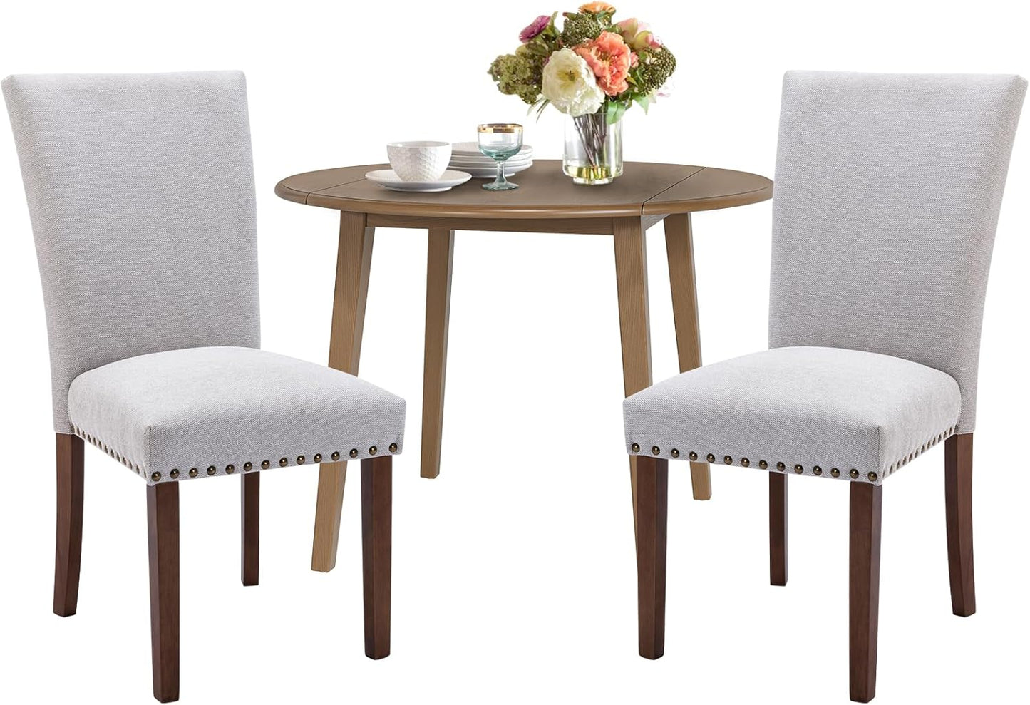 COLAMY 3-Piece Extendable Dining Table Set for 2, 36" Kitchen Round Wood Table with 2 Nailhead Dining Room Chairs,Light Brown/Light Grey