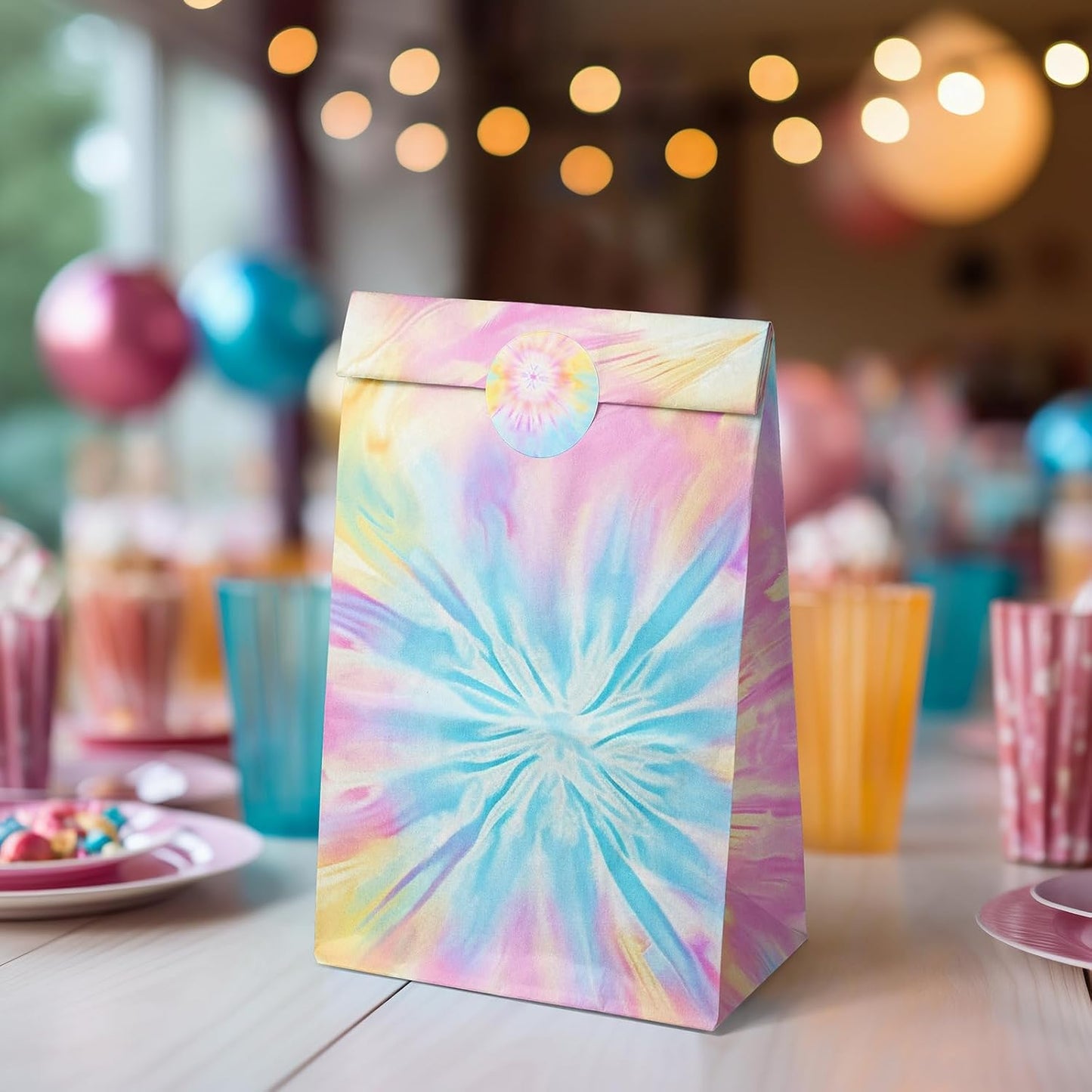 Tie Dye Party Favor Bags – 24 Pcs Pastel Gift Bags with 4 Designs, Paper Goodie for Birthday Party, Hippie Theme Decorations and Supplies