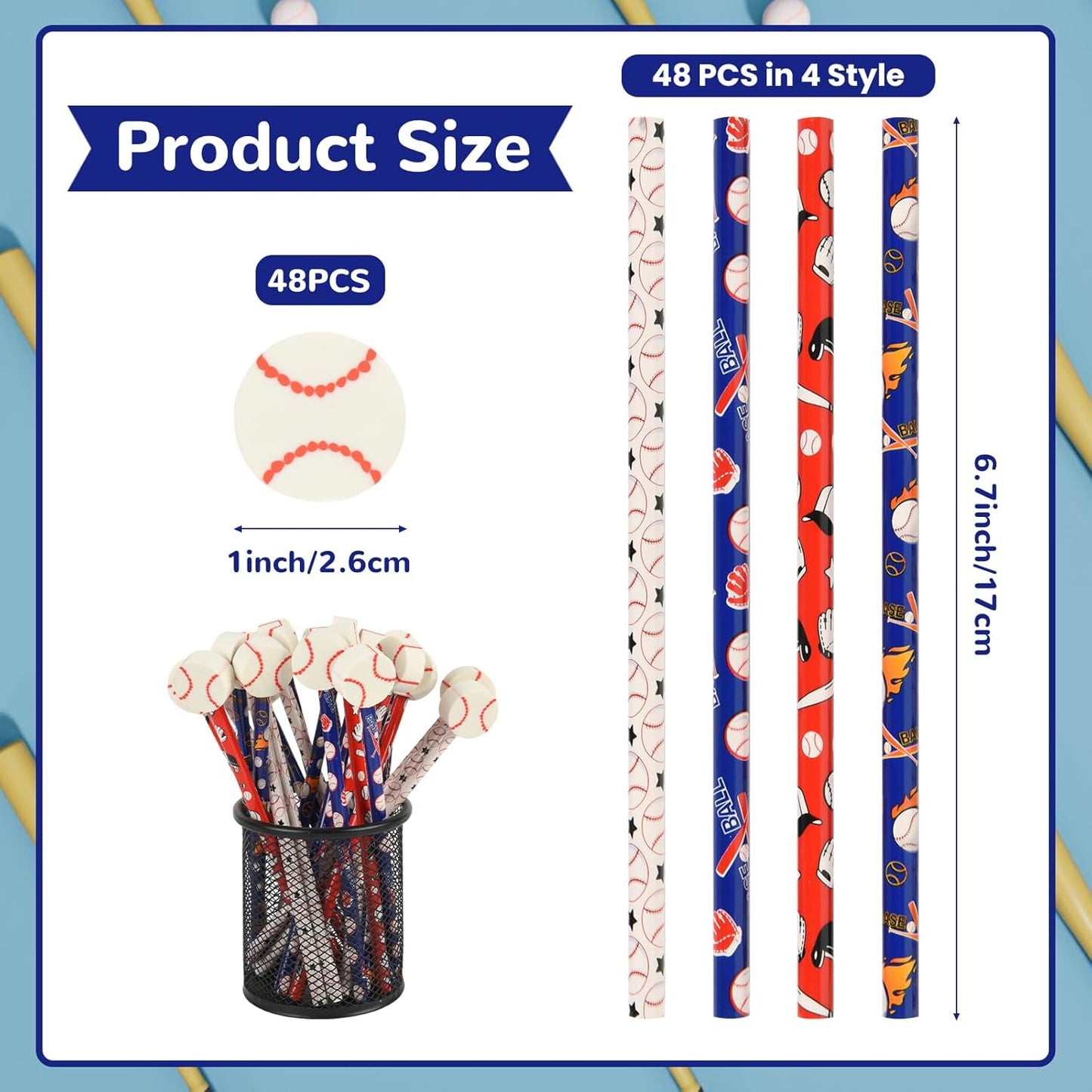 48 Pcs Baseball Pencils and Erasers for Birthday Gifts Baseball Favors Assortment Stationery Pencils for Students Office School Supplies Classroom Rewards.
