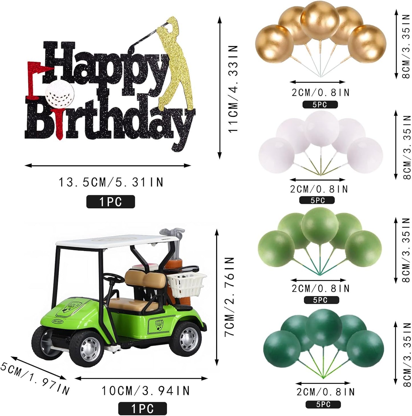 MEMOVAN Golf Cake Decorations Golf Birthday Cake Toppers Mini Golf Cart Toy Golf Theme Cake Decorations with Green Gold and White Ball Cake Topper for Golf Theme Party Supplies