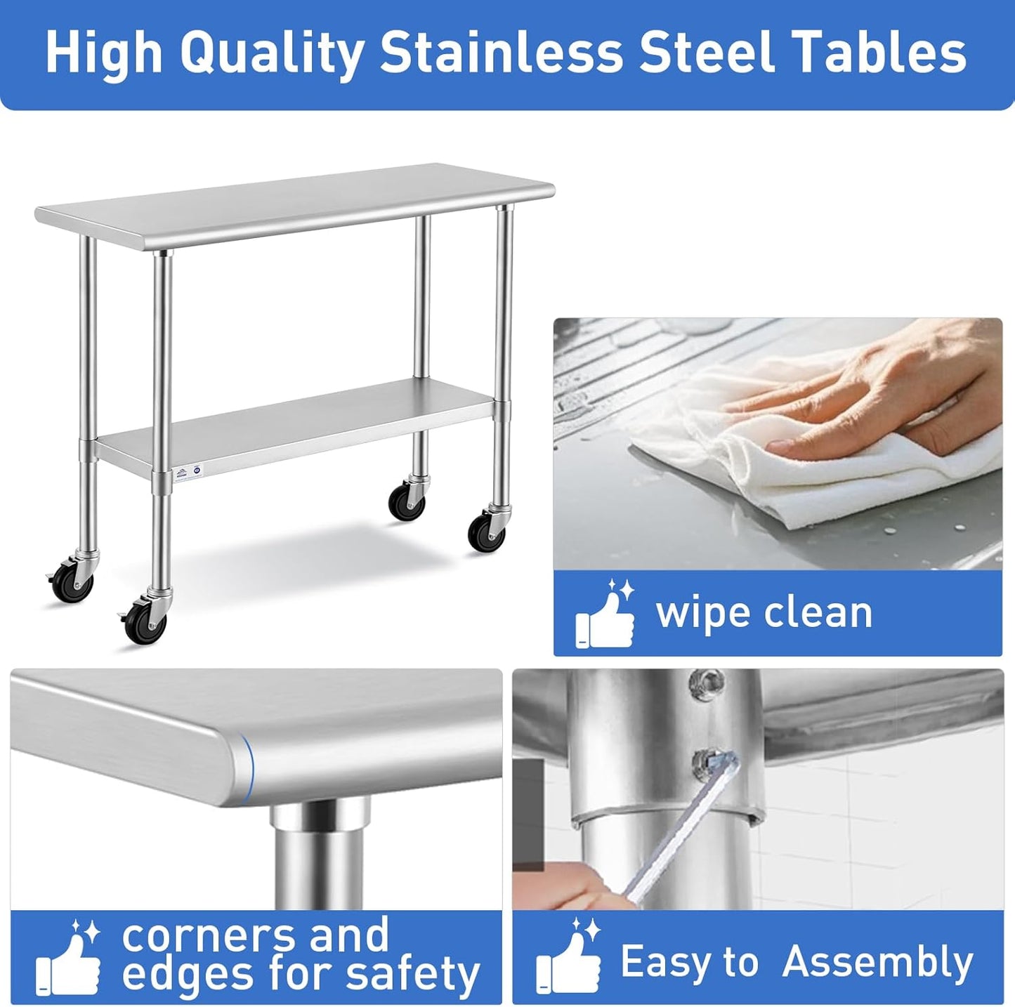 ROCKPOINT Stainless Steel Table for Prep & Work with Caster Wheels 14x30 Inches, NSF Metal Commercial Kitchen Heavy Duty Table with Adjustable Under Shelf and Table Foot for Restaurant, Home and Hotel