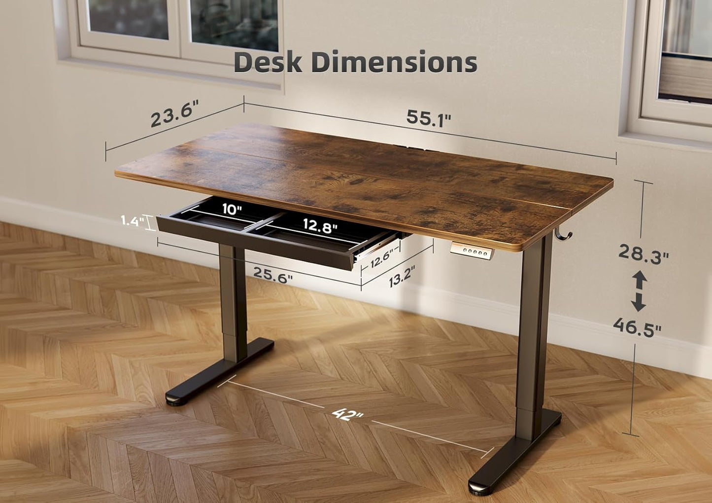 YDN Standing Desk with Drawers, Electric Adjustable Height 55 x 24 Inch Stand Up Desks for Home Office, Rustic Brown