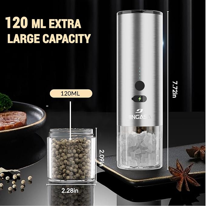 [Upgraded Larger Capacity]Electric Salt and Pepper Grinder Set, USB Rechargeable Automatic Salt and Pepper Shakers Sets with Visual Power Reminder, 4oz Large Capacity with Adjustable Coarseness