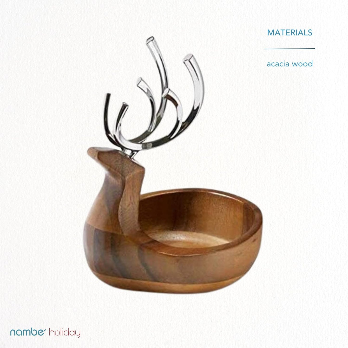 Nambe Holiday Reindeer Bowl – Decorative Candy Dish and Seasonal Table Accent with Removable Antlers, Festive Coffee Table or Dining Display, Alloy and Acacia Wood Collectible for Christmas Hosting