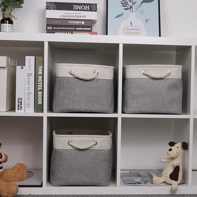 Bidtakay Baskets Set of 3 Storage Baskets for Organizing Large Fabric Storage Bins for Shelves Decorative Canvas Bins Collapsible Empty Baskets for Closet,Nursery,Clothes,Toys,Shoes(White&Grey)