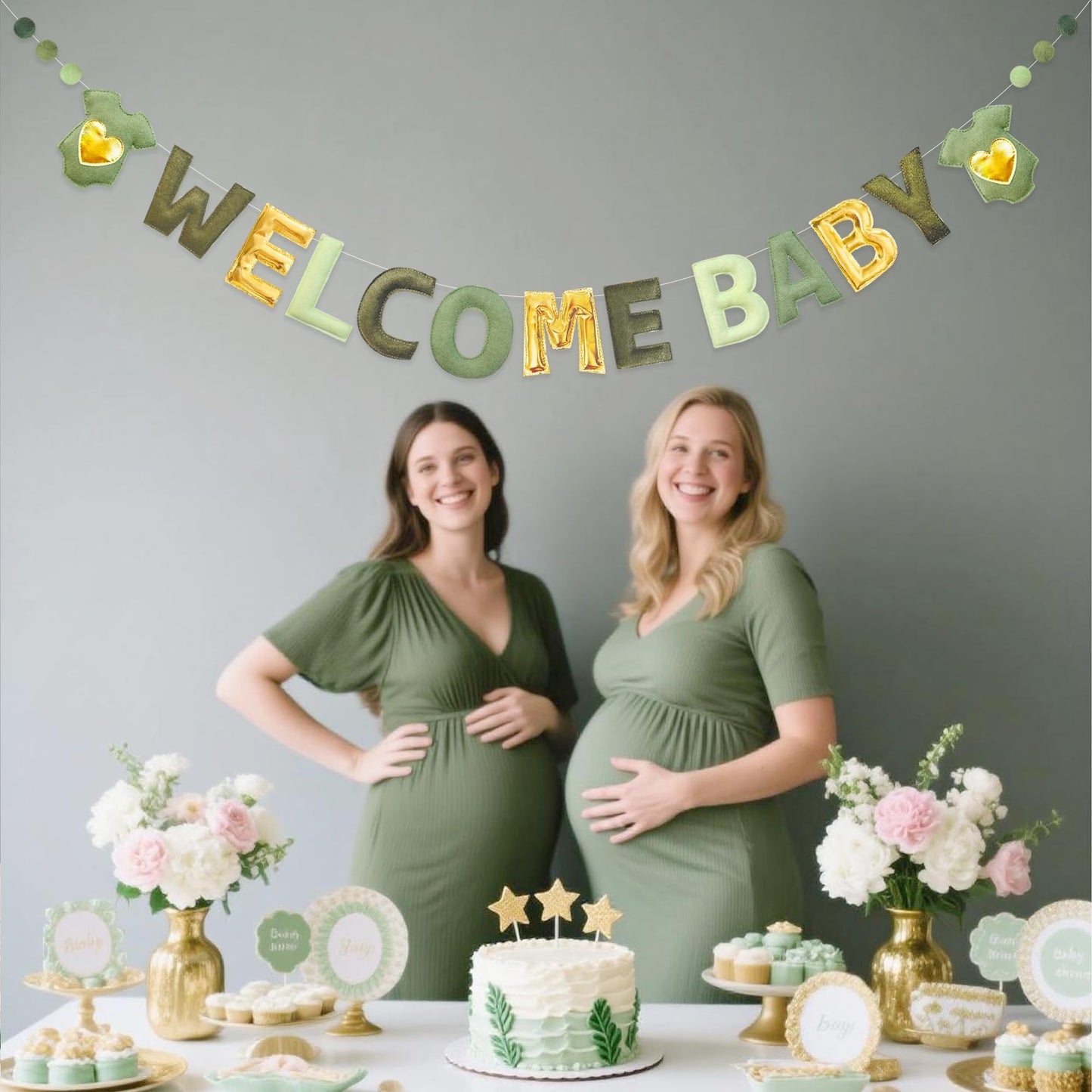 Sage Green Gold Baby Shower Decorations Pre-Strung Handmade Felt Metallic Gold Welcome Baby Sign Baby Clothes Wool Felt Ball Banner for Neutral Baby Shower Party Nursery Home Fireplace Room Decor
