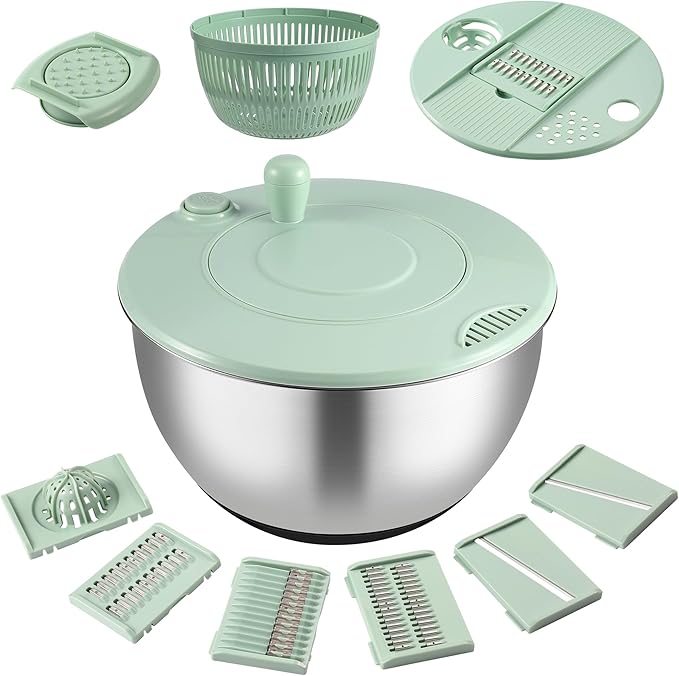 Salad Spinner Stainless Steel, 5.3-Quart Lettuce Washer Spinner for 2–3 Servings, Large Vegetable&Fruit Wash Bowl with Strainer, Includes 5-Blade Slicer — Perfect Salad Making Tool for Healthy Eaters