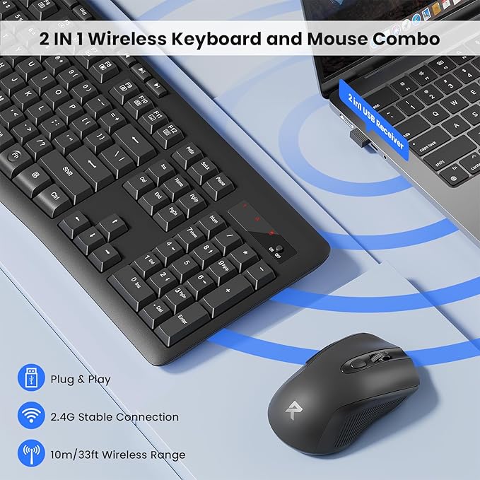Redragon Wireless Keyboard and Mouse Combo, 2.4G Full-Sized Ergonomic Computer Keyboard with 5 Level DPI Adjustable Wireless Mouse, for Windows, Mac OS Desktop/Laptop/PC, BS-7367-A