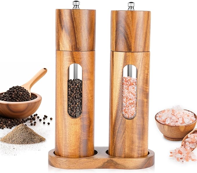 Acacia Wood Salt and Pepper Grinder Set with Base, Refillable Wooden Pepper & Salt Mill with Adjustable Ceramic Grinder for Kitchen & Dining