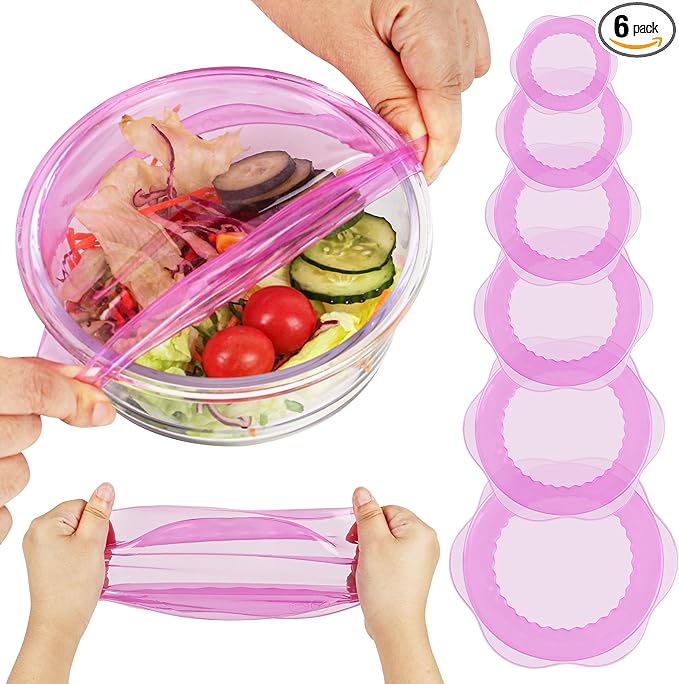 Silicone Stretch Lids for Food Storage in Fridge, Reusable Elastic Bowl Covers for Cup, Cans, Jars, Round & Rectangle Container, Food Grade Silicone Microwave Food Cover, Purple, 6PCS