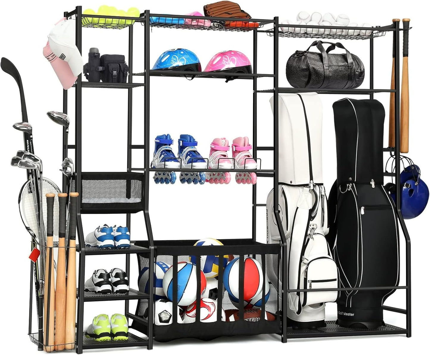 Garage Sports Equipment Organizer, golf bag storage, Ball Storage, Upgraded Sports Organizer Rack for Balls with Holder and Hooks, Indoor/Outdoor Basketball Storage Bins for Toy Sports Gear Storage.