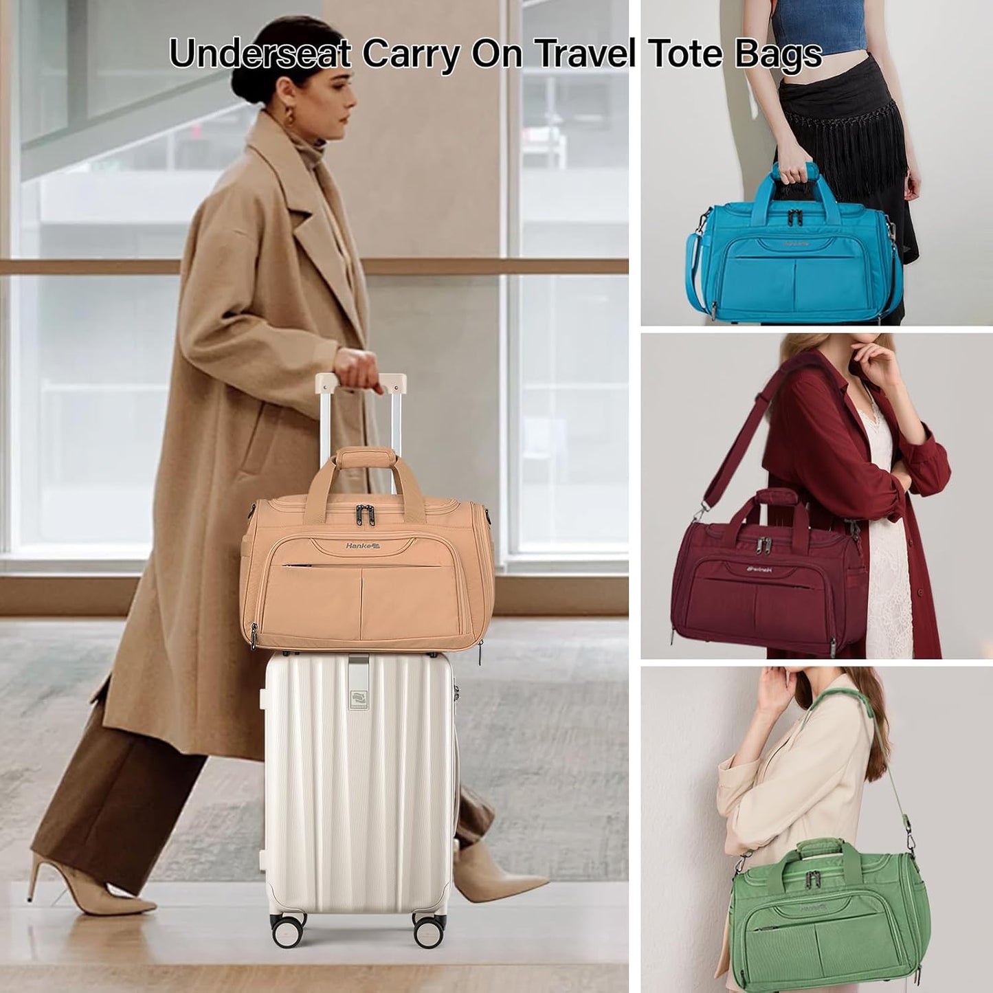 Hanke Underseat Carry On luggage Bags for Travel, Foldable Travel Bags for Women, Soft Lightweight Personal Item Travel Bag Small Carry On Bags for Airplanes, Travel Tote Bags for Women Men. Green