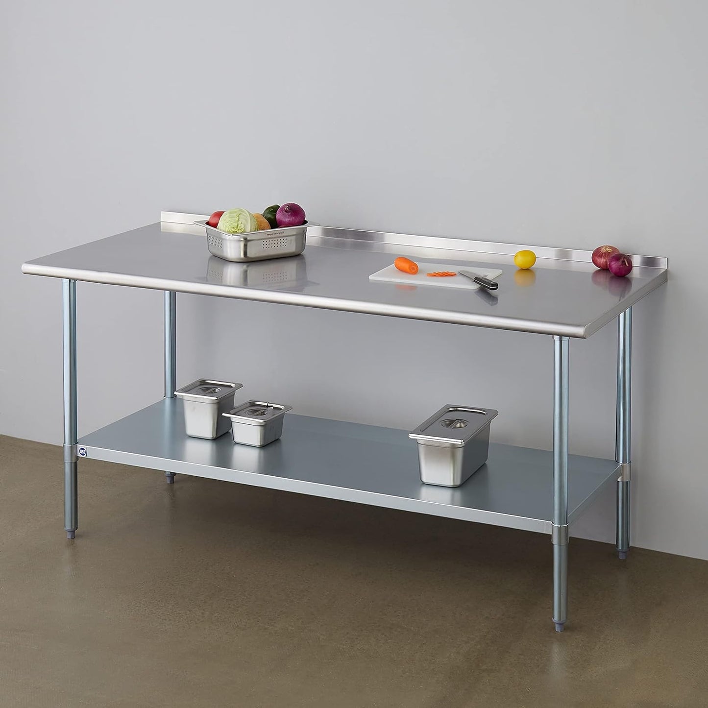 ROCKPOINT Stainless Steel Table for Prep & Work with Backsplash 30x72 Inches, NSF Metal Commercial Kitchen Heavy Duty Table with Adjustable Under Shelf and Table Foot for Restaurant, Home and Hotel