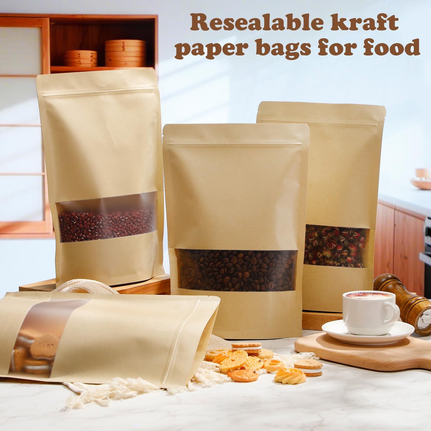 Geosar 150 Pcs Stand up Kraft Pouches with Window 8.5 x 12.5 Inch Kraft Paper Sealable Pouches with Notch Heat Sealable Resealable Bags for Small Business, Zipper Food Storage for Packaging, Snacks