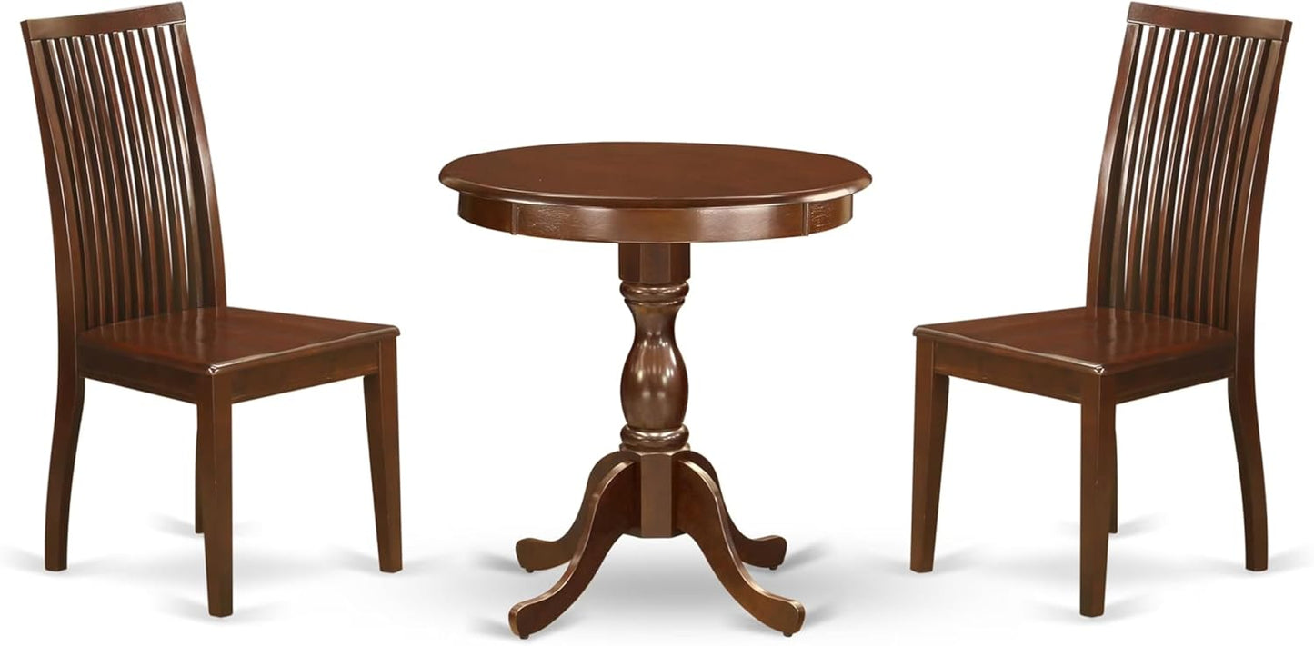 East West Furniture ESIP3-MAH-W 3 Piece Dining Table Set for Small Spaces Contains a Round Dining Room Table with Pedestal and 2 Wood Seat Chairs, 30x30 Inch, Mahogany