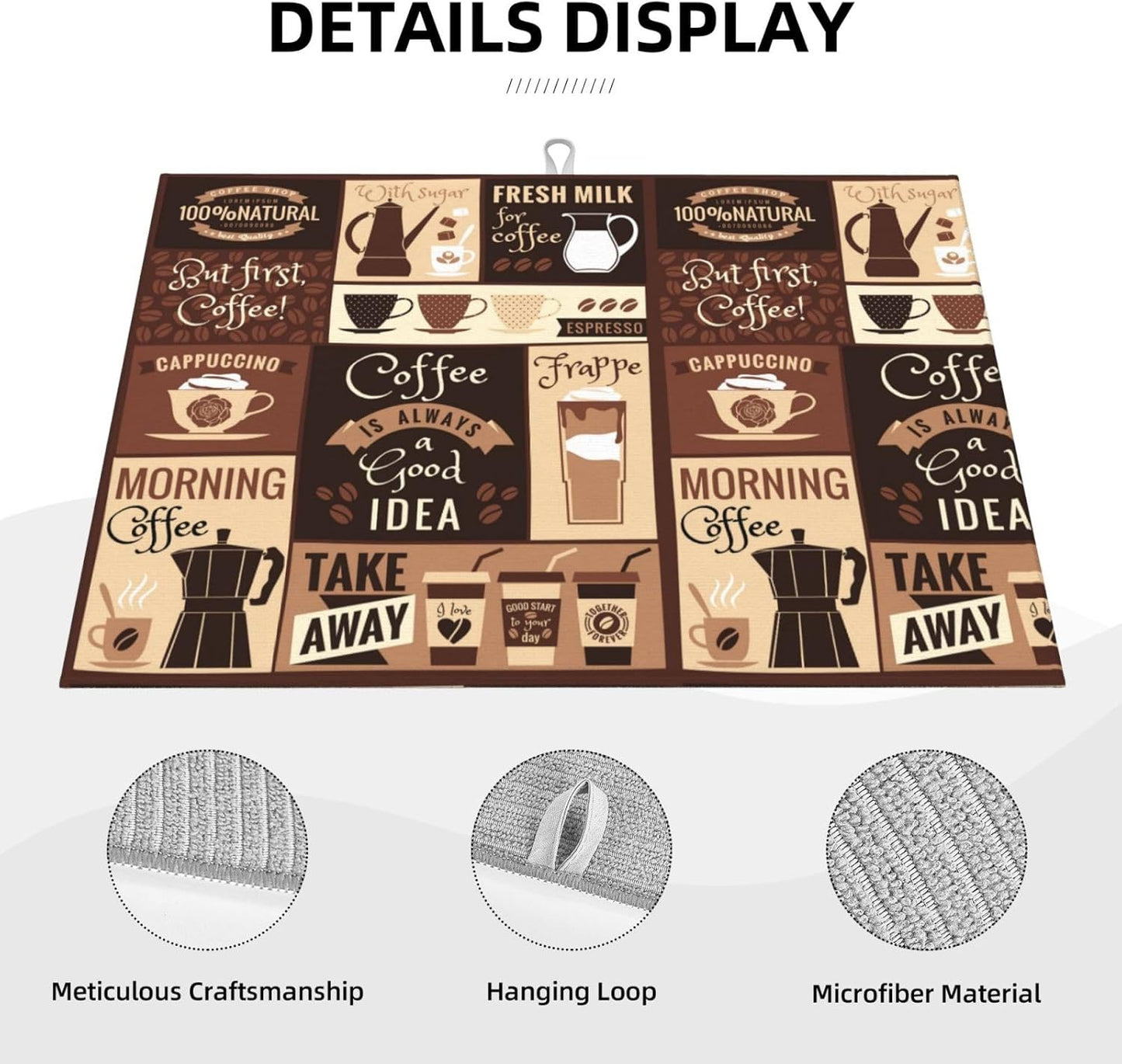 Dish Drying Mat Retro Coffee Pattern for Kitchen Counter Absorbent Dishes Drainer Microfiber Large 18x24 Inch