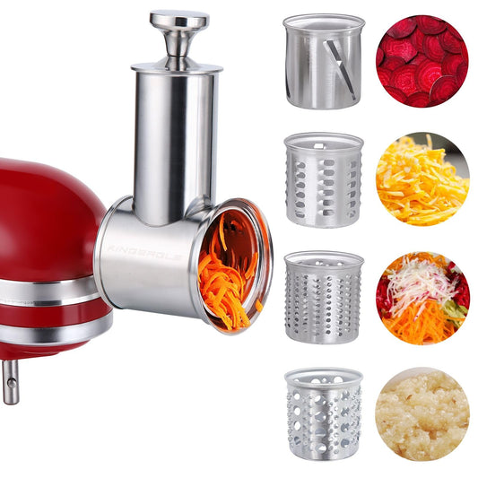 Large Stainless Steel Slicer Shredder Attachment for KitchenAid Mixers,Dishwasher Safe Vegetable Cheese Grater Accessories with 4 Cutting Blades by KINGEAGLE
