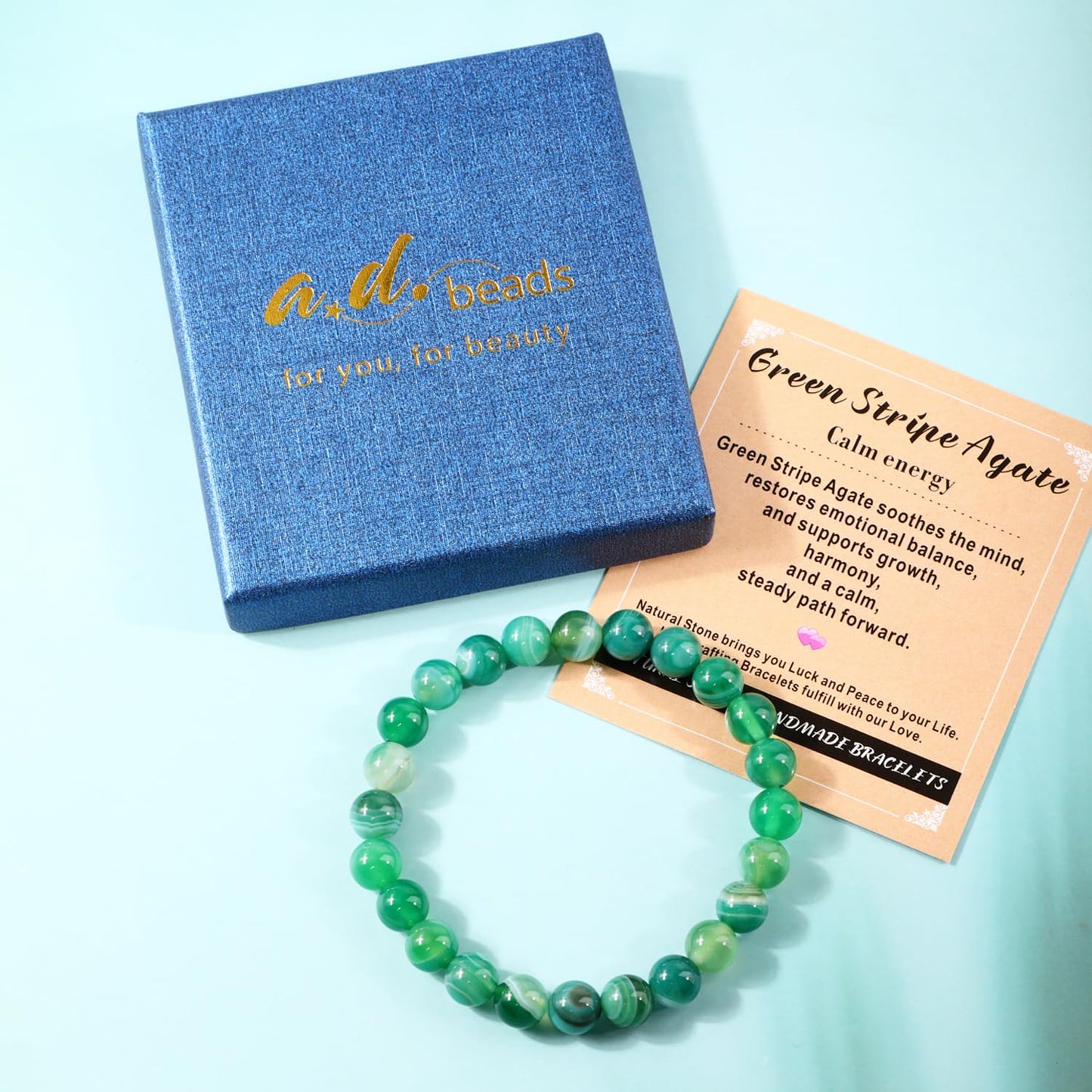 AD Beads 6mm Handmade Green Stripe Agate Elastic Bracelet – Natural Gemstone for Calm energy – Meditation, Yoga, Healing and Energy Gift for Men Women