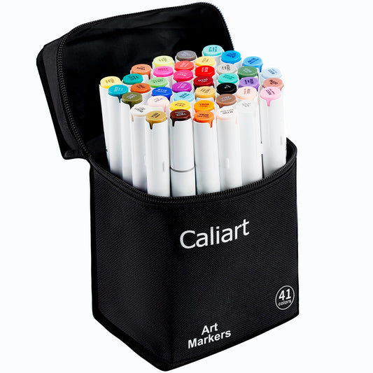 Caliart 41 Colors Alcohol Markers Dual Tip Fine & Chisel, Based Art Markers Permanent Pens for Adults Coloring Books, Artists Drawing Sketch Illustration Highlighting, Art Supplies with Storage Case