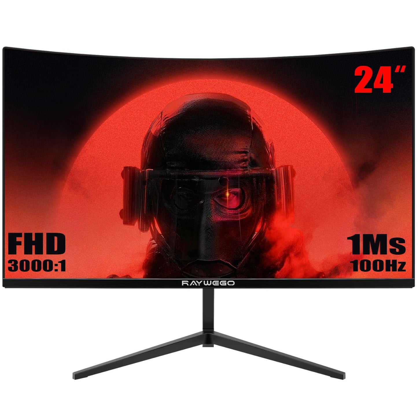 Raywego 24 inch Curved Monitor 100Hz 1ms, Computer Gaming Monitor FHD 1920  1080P,3000:1 Contrast Ratio, with FreeSync & Eye-Car