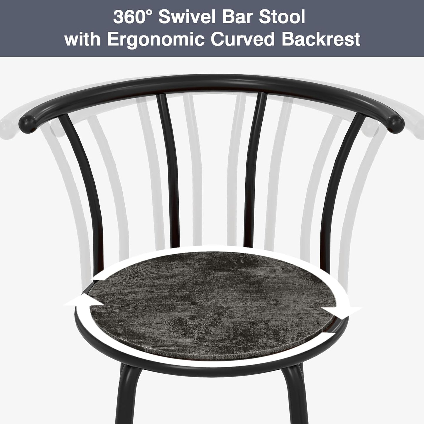 VECELO Bar Stools Set of 2, Swivel Counter Stools with Backrest, Bar Height Stools for Dining Room, Kitchen Island, Pub, Easy Assembly, Dark Grey