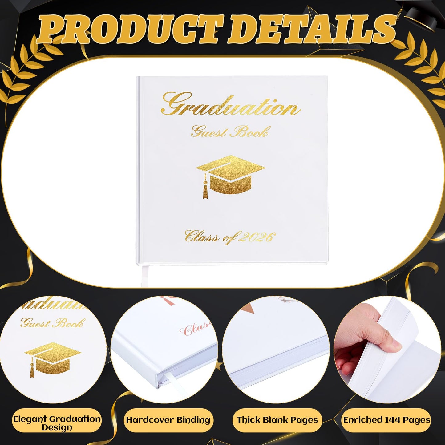 LawnIdyll 2026 Graduation Guest Book with Photo Sign Metallic Pens Stickers 144 Pages Class of 2026 Scrapbook Album Gift Memory Book for High School College Graduation Party Supplies (White)