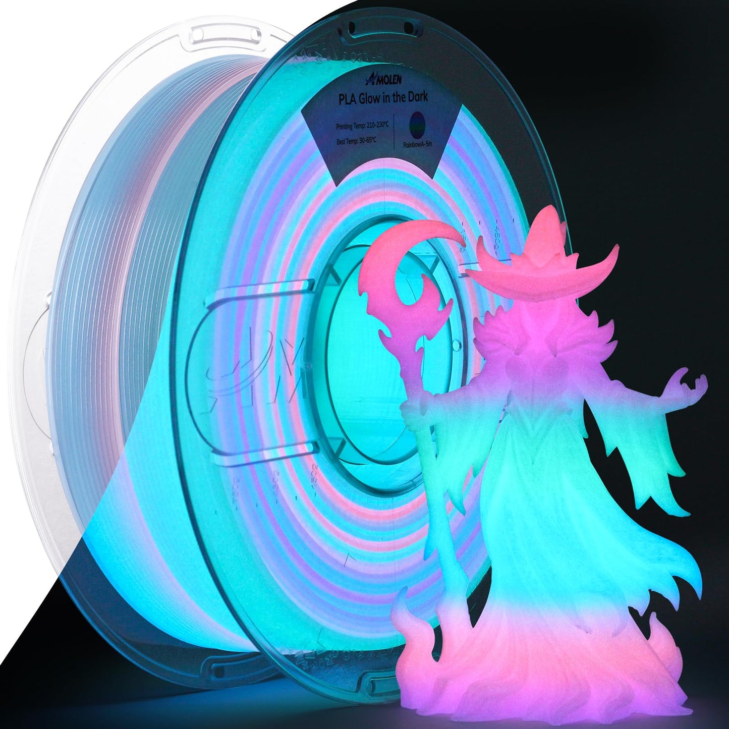 AMOLEN PLA Filament Glow in The Dark, Rainbow 5M Pink, Purple, Green, Blue, Multicolor Fast Change 3D Printer Filament 1.75mm, B