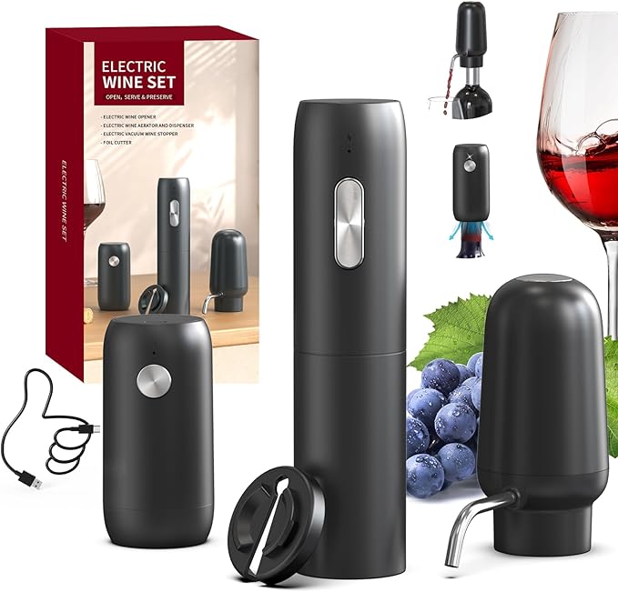 CIRCLE JOY Electric Wine Bottle Opener Set Rechargeable 5-in-1 Wine Set with Foil Cutter, Electric Wine Opener, Electric 2in-1 Wine Aerator & Pourer, Electric Vacuum Wine Stopper, Black Silver