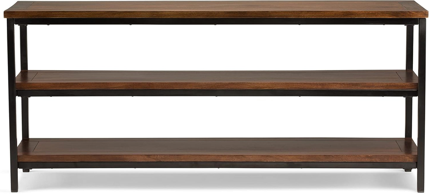 SIMPLIHOME Skyler SOLID MANGO WOOD 60 inch Wide Industrial TV Media Stand in Dark Cognac Brown For TVs up to 65 inches for the Living Room and Entertainment Center