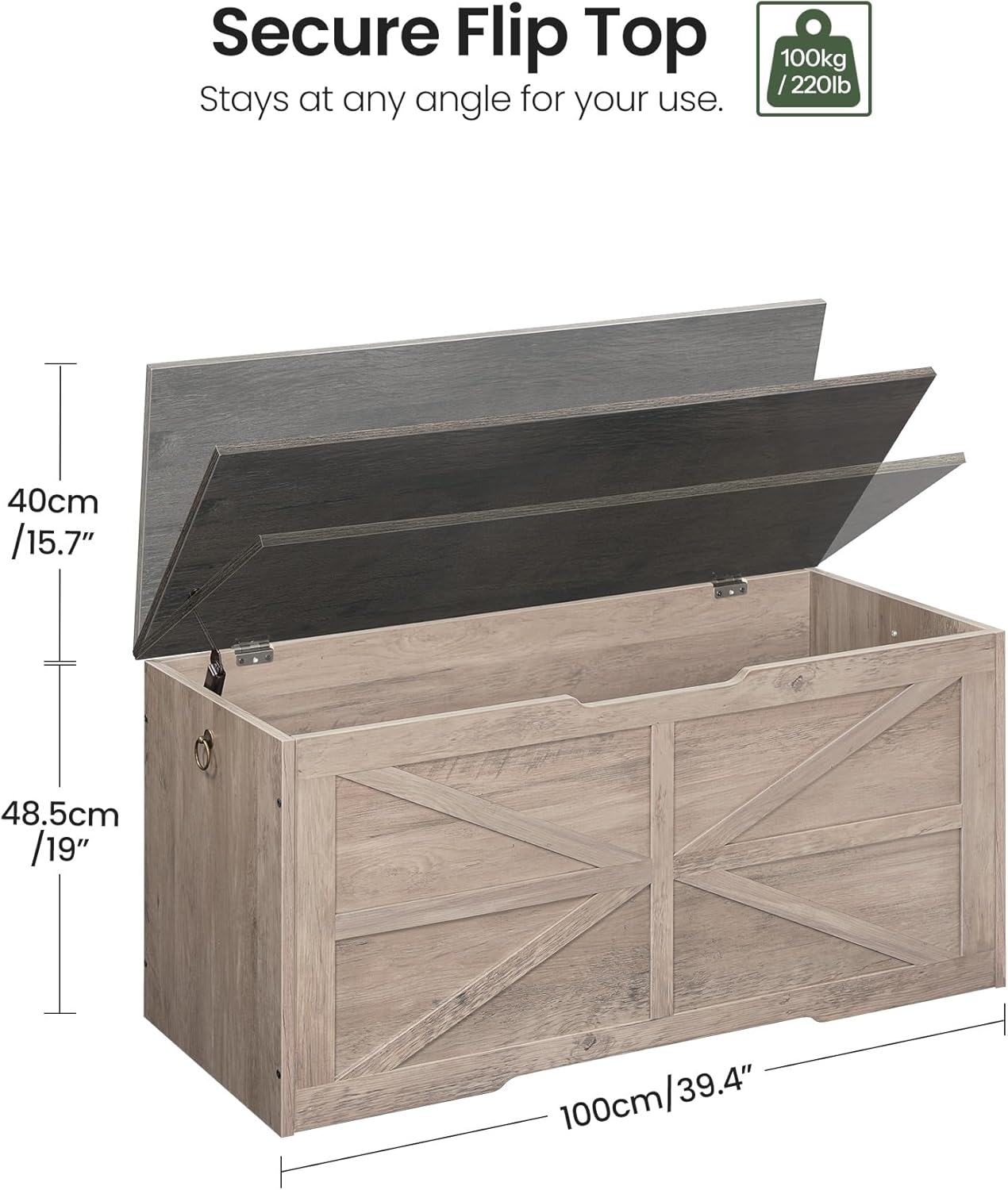 Storage Chest, 39.4" Wooden Storage Trunk, Retro Storage Bench with Safety Hinge, Toy Chest Storage, Farmhouse Style, for Bedroom, Living Room, Charcoal Gray and Greige MCW10HC